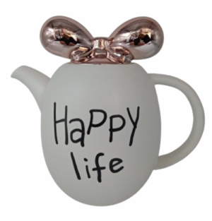 Τσαγιερό Happy Life κεραμικό, με καπάκι φιόγκο golden roz/white ( H18cm,1lt)