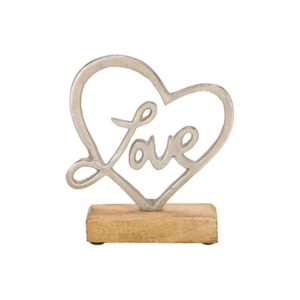 Υπέροχο διακοσμητικό από μέταλλο σε σχήμα καρδιάς love με σφυρήλατο φινίρισμα και ξύλινη βάση - mango wood (15x17x5cm)