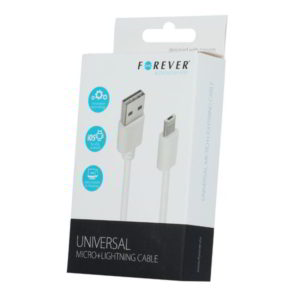 FOREVER T-0014351 USB 2.0 UNIVERSAL LIGHTNING CABLE & MICRO USB CHARGER/DATA WHITE 1m iPHONE 5/5s/5c/6/6plus & iPAD4/5/air/mini CHARGING CABLE & DATA TRANSFER IOS
