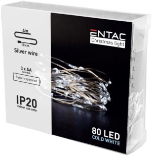 Entac Christmas Indoor Silver Wire 80 LED Light 6400K 4m (3AA excl.)