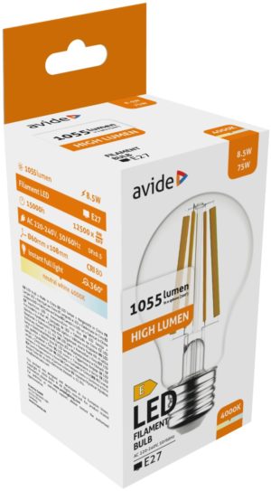 Avide LED Filament Κοινή 8.5W E27 Λευκό 4000K Υψηλής Φωτεινότητας