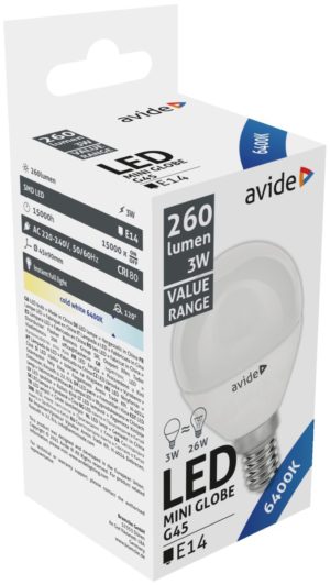 Avide Value LED Mini Globe E14 3W CW 6400K