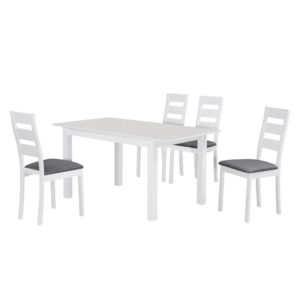 MILLER Set Τραπεζαρία Κουζίνας Άσπρο, Ύφασμα Γκρι: Τραπέζι Επεκτεινόμενο 4 Καρέκλες
