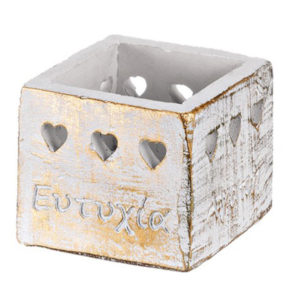 Μπομπονιέρα γάμου κεραμικό κηροπήγιο τετράγωνο, λευκό χρυσό με ευχές 7,5Χ7,5Χ7,5εκ