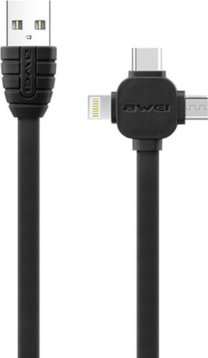Awei Flat USB to Lightning / Type-C / micro USB Cable μαύρο 1m (CL-82)