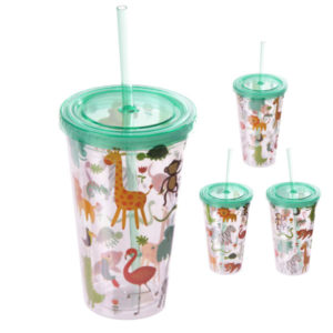 Funky Zoo Animals Double Wall Lidded Cup and Straw