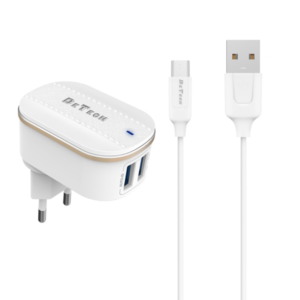 Network charger, DeTech, DE-15M, 5V/3.1A 220A, Universal, 2 x USB, Micro USB cable, 1.0m, White - 40096