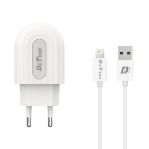 Network charger DeTech DE-28i, 5V/2.4A 220A, Universal, 1 x USB, With Lightning cable, 1.0m, White - 14134