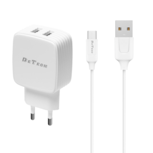 Network charger DeTech, DE-33M, 5V/2.4A 220A, Universal, 2 x USB, Micro USB cable, 1.0m, White - 40100