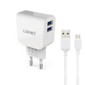 Φορτιστής δικτύου, LDNIO DL-AC56, 5V/2.1A, 2 USB Ports, Micro USB Cable, λευκό - 14461