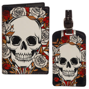 Fun Novelty Skulls and Roses Luggage Tag and Passport Cover Set