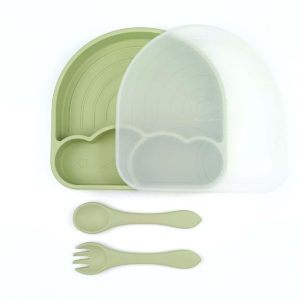 Baby Cloud Πιάτο με Καπάκι & Κουτάλι “Ουράνιο Τόξο” από Σιλικόνη – Πράσινο Unisex (18 x 18 x 3 cm)