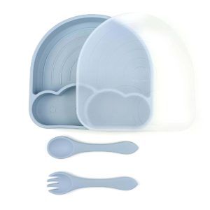 Baby Cloud Πιάτο με Καπάκι & Κουτάλι “Ουράνιο Τόξο” από Σιλικόνη – Γαλάζιο Unisex (18 x 18 x 3 cm)