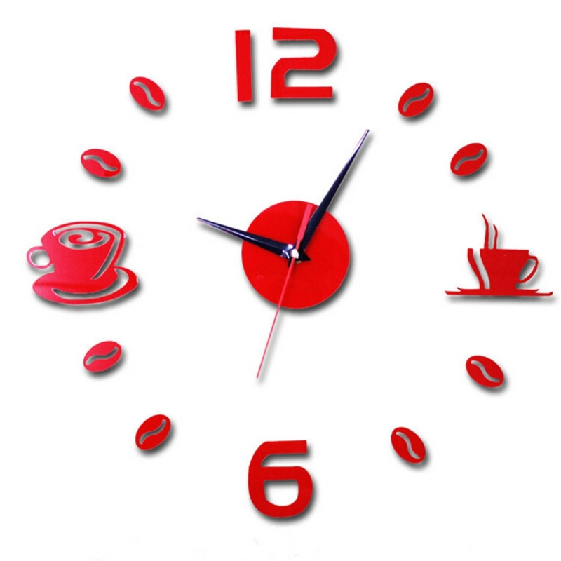 ISHOWTIENDA Fashion Acrylic DIY Coffee Cup Self Adhesive Interior Wall Creative Decoration Clock Mute Clock Stickers Muraux Wall Clock(Red) (OEM)