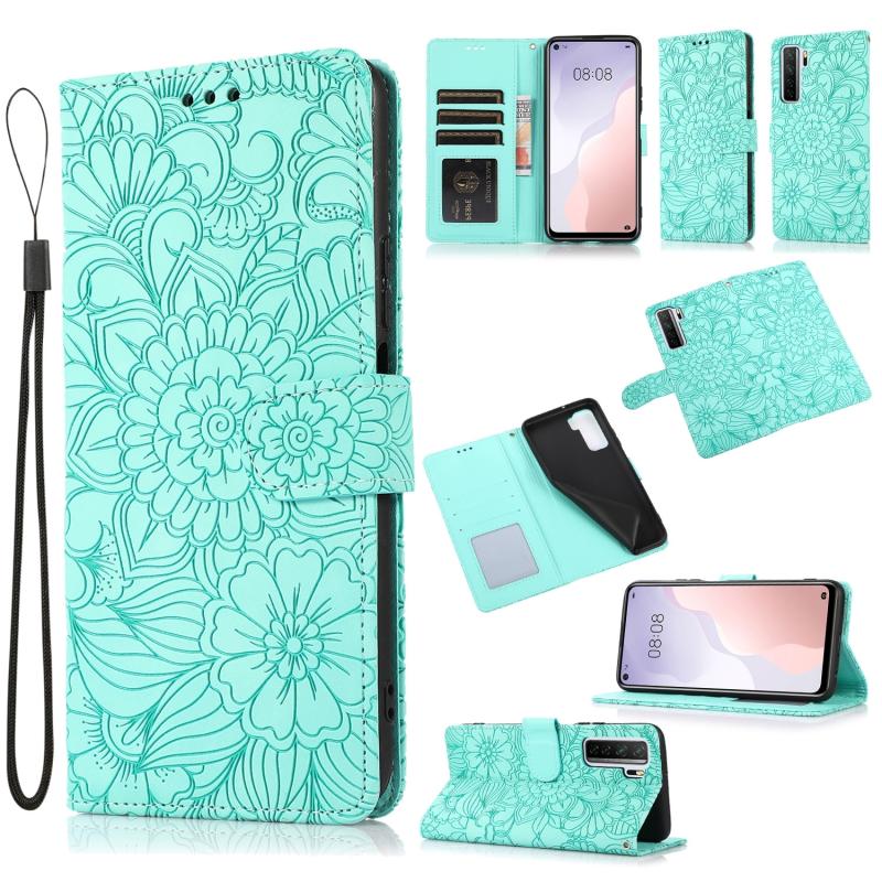 For Huawei nova 7 SE Skin Feel Embossed Sunflower Horizontal Flip Leather Case with Holder & Card Slots & Wallet & Lanyard(Green) (OEM)