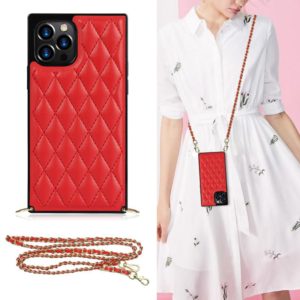 For iPhone 12 Pro Max Elegant Rhombic Pattern Microfiber Leather +TPU Shockproof Case with Crossbody Strap Chain(Red) (OEM)