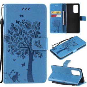 For OnePlus 9 Pro Tree & Cat Pattern Pressed Printing Horizontal Flip PU Leather Case with Holder & Card Slots & Wallet & Lanyard(Blue) (OEM)