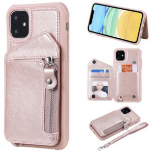 For iPhone 11 Dual Buckles Zipper Shockproof Back Cover Protective Case with Holder & Card Slots & Wallet & Lanyard & Photos Frames(Rose gold) (OEM)