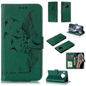 For Huawei Mate 30 Pro Feather Pattern Litchi Texture Horizontal Flip Leather Case with Holder & Wallet & Card Slots(Green) (OEM)