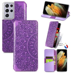 For Samsung Galaxy S21 Ultra 5G Blooming Mandala Embossed Pattern Magnetic Horizontal Flip Leather Case with Holder & Card Slots & Wallet(Purple) (OEM)