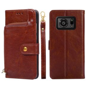 For Sharp Aquos R6 Zipper Bag Leather Phone Case(Brown) (OEM)