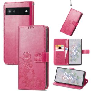For Google Pixel 6a Four-leaf Clasp Embossed Buckle Leather Phone Case(Magenta) (OEM)