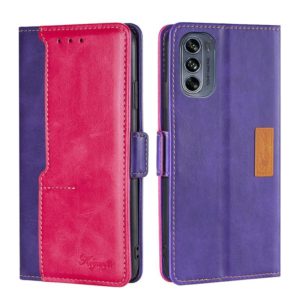 For Motorola Moto G62 5G Contrast Color Side Buckle Leather Phone Case(Purple+Rose Red) (OEM)