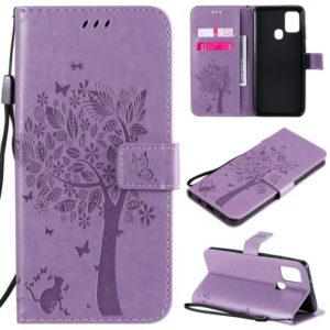 For Samsung Galaxy A21s Tree & Cat Embossed Pattern Horizontal Flip Leather Case with Holder & Card Slots & Wallet & Lanyard(Light Purple) (OEM)