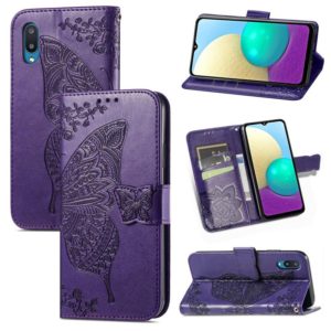 For Samsung Galaxy A02 Butterfly Love Flower Embossed Horizontal Flip Leather Case with Bracket & Card Slot & Wallet & Lanyard(Dark Purple) (OEM)