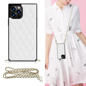 For iPhone 12 Pro Max Elegant Rhombic Pattern Microfiber Leather +TPU Shockproof Case with Crossbody Strap Chain(White) (OEM)
