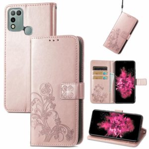 For INFINIX Hot 10 Play Four-leaf Clasp Embossed Buckle Mobile Phone Protection Leather Case with Lanyard & Card Slot & Wallet & Bracket Function(Rose Gold) (OEM)