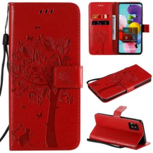 For Samsung Galaxy A51 5G Tree & Cat Embossed Pattern Horizontal Flip Leather Case with Holder & Card Slots & Wallet & Lanyard(Red) (OEM)