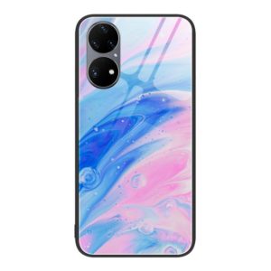 For Huawei P50 Pro Marble Pattern Glass Protective Phone Case(Pink) (OEM)
