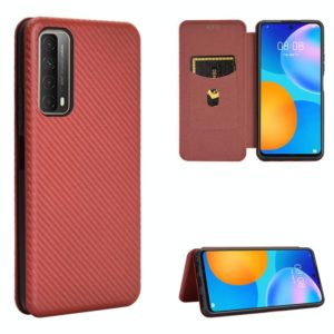 For Huawei P Smart 2021 / Y7A Carbon Fiber Texture Horizontal Flip TPU + PC + PU Leather Case with Card Slot(Brown) (OEM)