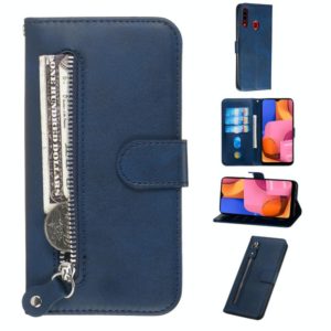 For Galaxy A20s Fashion Calf Texture Zipper Horizontal Flip PU Leather Case, with Holder & Card Slots & Wallet(Blue) (OEM)