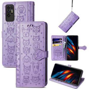 For Tecno Pova 2 Lovely Cat and Dog Embossing Pattern Horizontal Flip Leather Phone Case with Holder & Card Slots & Wallet & Cartoon Clasp & Lanyard(Purple) (OEM)