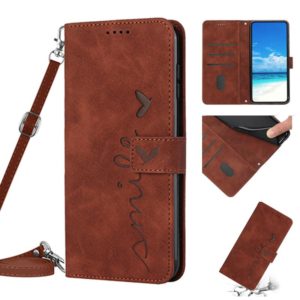 For Tecno Spark 7/7T Skin Feel Heart Pattern Leather Phone Case With Lanyard(Brown) (OEM)