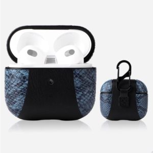 Snakeskin Texture and Leather Stitching Earphone Protective Case with Hang Buckle For AirPods 3(Blue) (OEM)