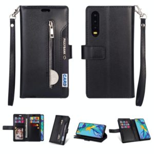For Huawei P30 Multifunctional Zipper Horizontal Flip Leather Case with Holder & Wallet & 9 Card Slots & Lanyard(Black) (OEM)