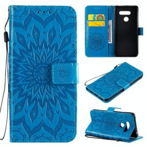 For LG K50S Pressed Printing Sunflower Pattern Horizontal Flip PU Leather Case Holder & Card Slots & Wallet & Lanyard(Blue) (OEM)