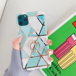 For iPhone 11 Pro Max Plating Colorful Geometric Pattern Mosaic Marble TPU Mobile Phone Case Rhinestone Stand Ring(Green PR2) (OEM)