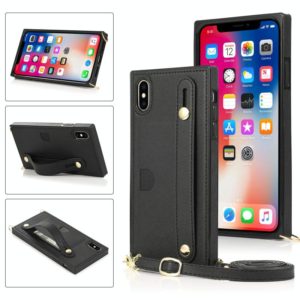 For iPhone XS Max Wrist Strap PU+TPU Shockproof Protective Case with Crossbody Lanyard & Holder & Card Slot(Black) (OEM)