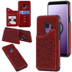 For Samsung Galaxy S9 Flower Embossing Pattern Shockproof Protective Case with Holder & Card Slots & Photo Frame(Red) (OEM)