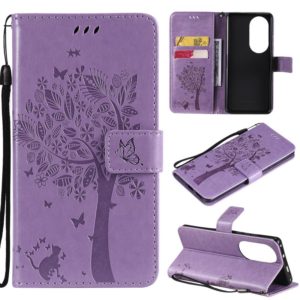 For Huawei P50 Pro Tree & Cat Pattern Pressed Printing Horizontal Flip PU Leather Case with Holder & Card Slots & Wallet & Lanyard(Light Purple) (OEM)