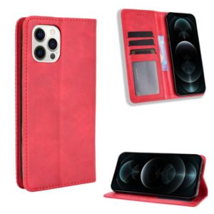 For iPhone 12 Pro Max Magnetic Buckle Retro Pattern Horizontal Flip Leather Case with Holder & Card Slot & Wallet(Red) (OEM)