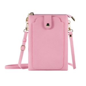 Litchi Texture Card Holder Mobile Phone Zipper Bag with Long Strap(Pink) (OEM)