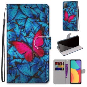 For Alcatel 3L 2021 Coloured Drawing Cross Texture Horizontal Flip PU Leather Case with Holder & Card Slots & Wallet & Lanyard(Blue Red Butterfly) (OEM)