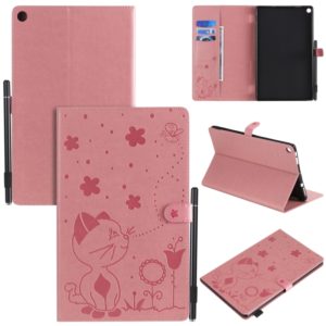 For Amazon Kindle Fire HD 10 (2015) / (2017) Cat Bee Embossing Pattern Shockproof Table PC Protective Horizontal Flip Leather Case with Card Slots & Wallet & Pen Slot & Sleep / Wake-up Function(Pink) (OEM)