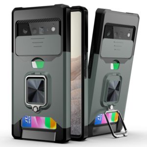 For Google Pixel 6 Pro Sliding Camera Cover Design PC + TPU Shockproof Case with Ring Holder & Card Slot(Dark Green) (OEM)
