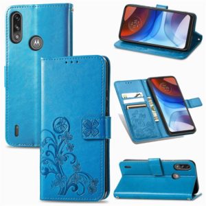 For Motorola E7 Power Four-leaf Clasp Embossed Buckle Mobile Phone Protection Leather Case with Lanyard & Card Slot & Wallet & Bracket Function(Blue) (OEM)